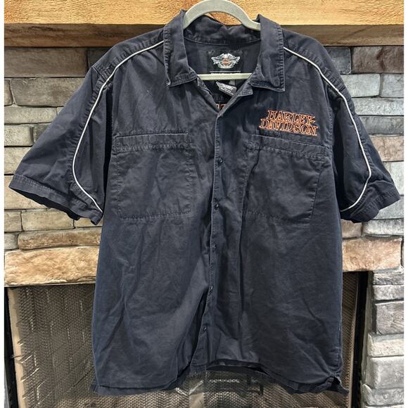 Men’s HARLEY DAVIDSON Black Short Sleeve Button Up Shirt Flames/Skull XL *B6 - Picture 2 of 5